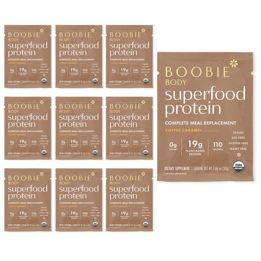 [BRSWGAITPIBQGH3V] Boobie Body Superfood Protein Meal Replacement Shake, Coffee Caramel Flavor | 19g Protein | Safe For Pregnancy, Lactation, & Motherhood | Organic, Vegan, Zero Sugar, 10 Single Serve Packets (1.06 oz each)