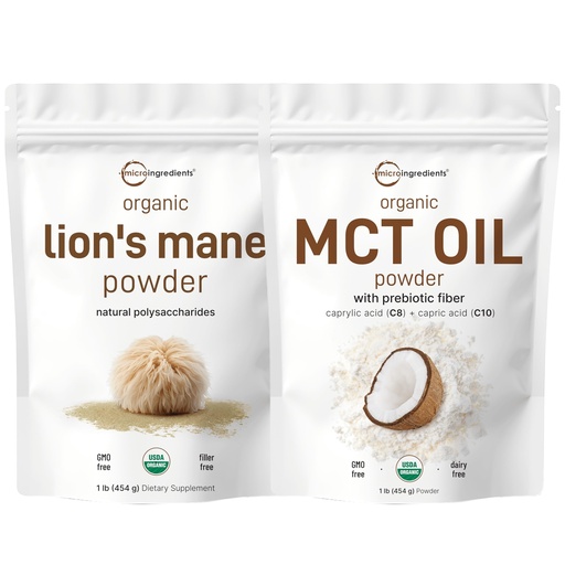 [BRSRAAYYCV7BQ23H] Micro Ingredients MCT Oil Powder with Prebiotic Fiber & Lions Mane Mushroom Supplement Powder Bundle 2 Pack | C8 MCT Oil for Coffee Creamer | Natural Superfood for Brain, Energy, & Immune Health