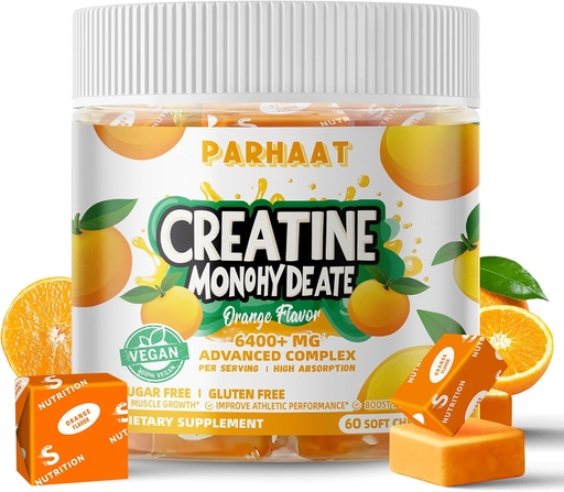 [BRSRAGILDINREAA7] Creatine Monohydrate Chews Complex 6400mg for Men & Women -Advanced Formula W/L-Taurine + Vitamin B12, Sugar Free Chewable Supplement,60 Orange Softchews