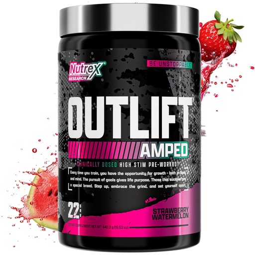[BRSROFA3ARYAI3TU] OUTLIFT Amped Max Dosed HIGH STIM Pre Workout Powder 6G Citrulline, 3.2G Beta Alanine, Alpha GPC, CognatiQ, Extreme Energy, Massive Pumps, Electrolytes (Strawberry Watermelon, 22 Servings)