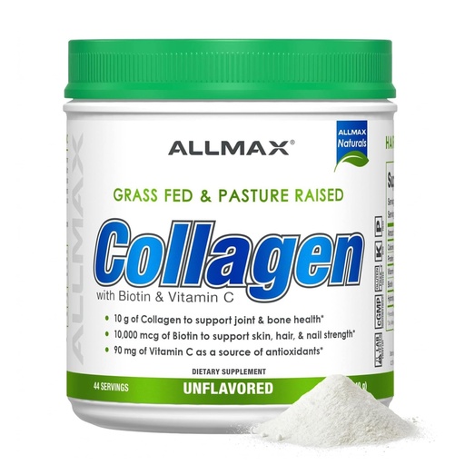 [BRSWGBQ2CF7AI3LA] ALLMAX Collagen Powder Unflavored, Hydrolyzed Collagen Peptides, Grass Fed Bovine Collagen, Vitamin C & Biotin, Hair Skin Nails & Joint Support, 440g, 44 Servings