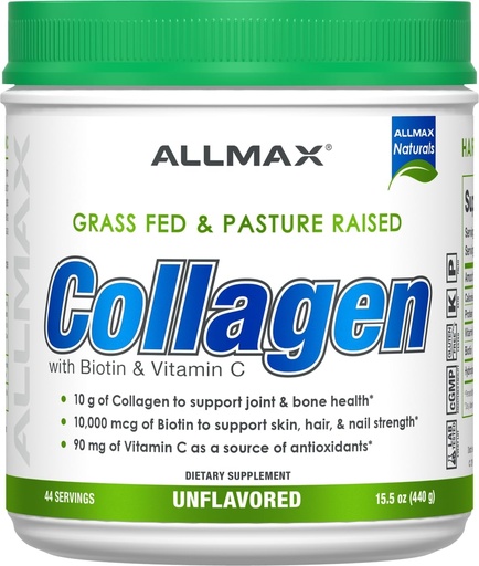 [BRSWGBQ2CF7AI3LA] ALLMAX Nutrition Grass Fed " Pasture Raised Collagen with 10,000 mcg Biotina + 90 mg Vitamina C, Desflavorado, 15,5 oz (440 g)