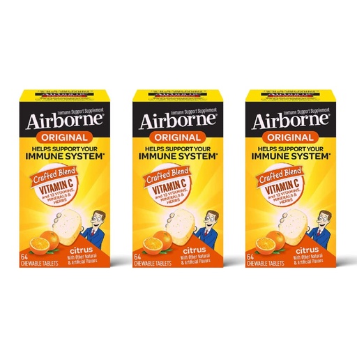 [BRSW2CABOUCWCEQU] Airborne Vitamin C 1000mg (per Serving) - Citrus Chewable Tablets (64ct/Box), Gluten-Free Immune Support Supplement, Vitamins A C E, ZINC, Selenium, Echinacea, Ginger, Antioxidants (3-Pack)