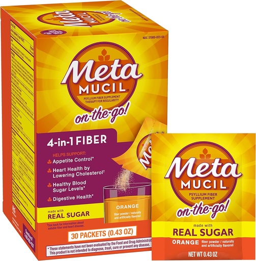 [BRSWIYYOOQMAEGDC] Metamucil On-the-Go, Daily Psyllium Husk Powder Supplement with Real Sugar, 4-in-1 Fiber for Digestive Health, Orange Smooth Flavored Drink, 2 pack x 30 count = 60 Packs Total