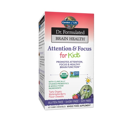 [BRSWGZATBEIWA33U] Garden of Life Dr. Formulated Attention and Focus for Kids, Supplement Promotes Healthy Brain Function, Concentration with Organic Wild Blueberry, Pine Bark, Vitamin C, D and Probiotics, 60 Count