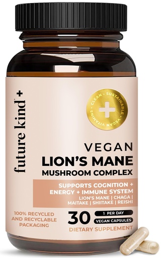 [BRSROZL5CUPROFI7] Future Kind Vegan Lion’s Mane Mushroom Complex - Brain Supplement with Chaga, Maitake, Shiitake, & Reishi, Supports Memory and Focus (30ct)