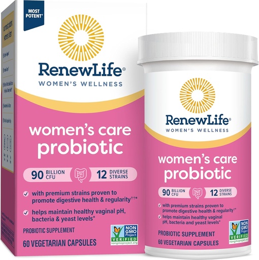 [BRSWIHYPC4AWIH3A] Renew Life Women's Probiotic Capsules, Supports pH Balance for Women, Vaginal, Urinary, Digestive and Immune Health, L. Rhamnosus GG, Dairy, Soy and Gluten-Free, 90 Billion CFU - 60 Ct
