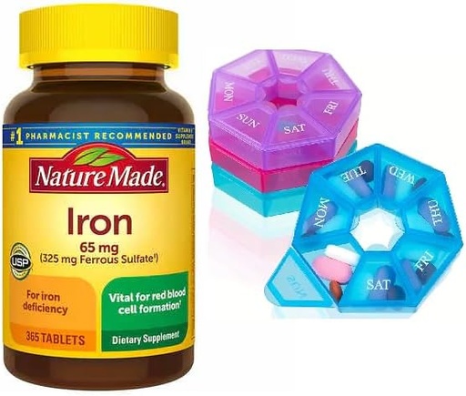 [BRSROZL5C4ARQ235] Nature Made Iron 65 mg (325 mg Ferrous Sulfate) Tablets, Dietary Supplement for Red Blood Cell Support, 365 Tablets, 365 Day Supply Bunde with Weekly Pill Organizer