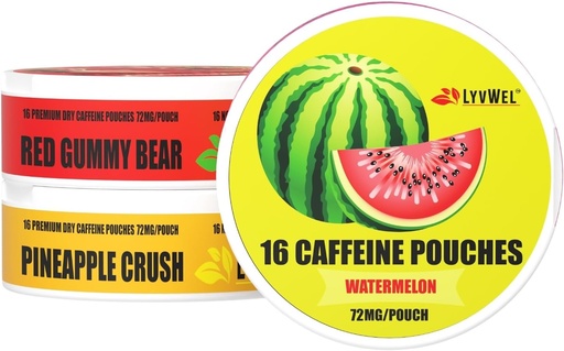 [BRSRAGILPMMQ2FLD] LyvWel 72 mg Caffeine Energy Pouches – Watermelon, Red Gummy Bear, Pineapple Crush – Juicy Clean Energy with Guarana - 3Pack (48 Total Pouches)