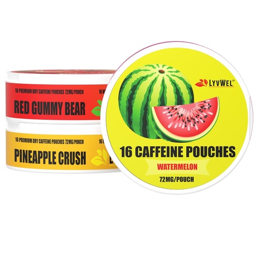 [BRSRAGILPMMQ2FLD] LyvWel 72mg Caffeine Energy Pouches – Watermelon, Red Gummy Bear, Pineapple Crush – Juicy Clean Energy with Guarana – 3-Pack (48 Total Pouches)