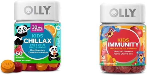 [BRSROBQCC4ARQDQY] OLLY Kids Chillax, Magnesium Gummies Plus L-Theanine, Lemon Balm & Kids Immunity Gummy, Immune Support, Wellmune, Elderberry, Vitamin C, Zink, Chewable Supplement, Cherry - 50 Count
