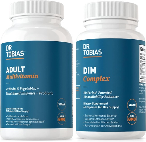 [BRSRAYAPPJYBE2YV] Dr. Tobias Adult Multivitamin & DIM Complex, Supports Energy, Immune and Hormone Balance for Men & Women with 42 Fruits & Vegetables, BioPerine, Broccoli Extract & Calcium, Non-GMO