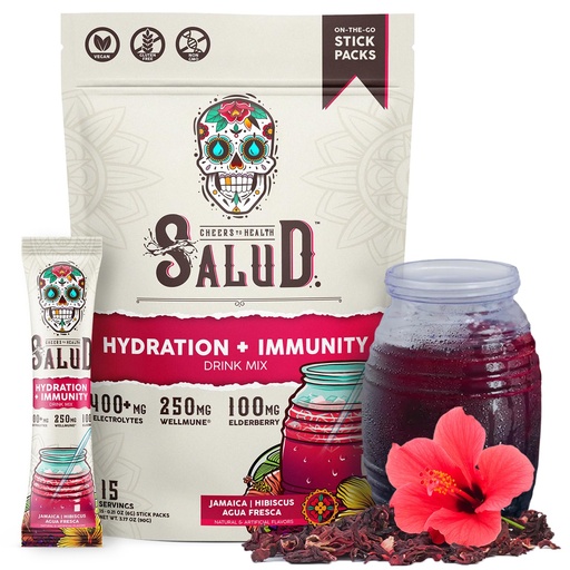 [BRSRMGI7AQMAG3T6] Salud 2-in-1 Hydration Packets + Immunity Electrolytes Powder, Hibiscus - Jamaica Agua Fresca Drink Mix, Elderberry, Dairy & Soy Free, Non-GMO, Gluten Free, Vegan, Low Calorie, 1g Sugar (15 Servings)