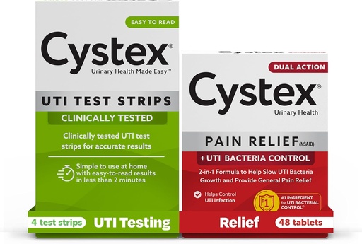 [BRSROZLQOIDWA2TX] Cystex Infekce močových cest (UTI) Testovací proužky + Reliéf bolesti: 4 Testovací proužky & 48 Kapsle Relief Medicine