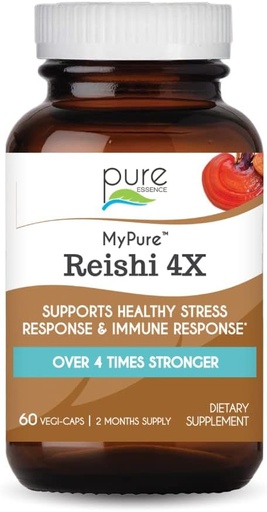 [BRSWGFAQCQCGMFLU] PURE ESSENCE LABS MyPure Reishi 4X Organic Mushrooms Supplement - 100% Immune Support üçün Real Mushroom Ekstraktı, Stres Yardımı, Enerji (60 Kapsül)