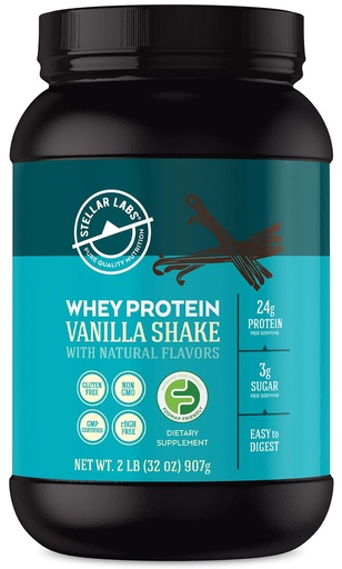 [BRSWECQKDIOWKE3B] Stellar Labs Whey Protein Powder with BCAA's & Whey Isolate | Certified Low FODMAP, Non GMO, Gluten Free, Soy Free, Low Carb, Keto, with Stevia | All Natural Lean Post Workout Shakes | Vanilla