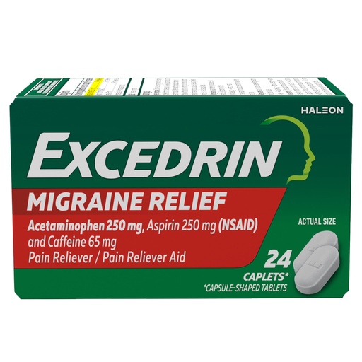 [BRSWIEYPA4CWAAY7] Excedrin Migraine Relief Caplets for Migraine Symptoms, Acetaminophen 250mg, Aspirin 250mg, Caffeine 65mg, Pain Reliever, 24 Count