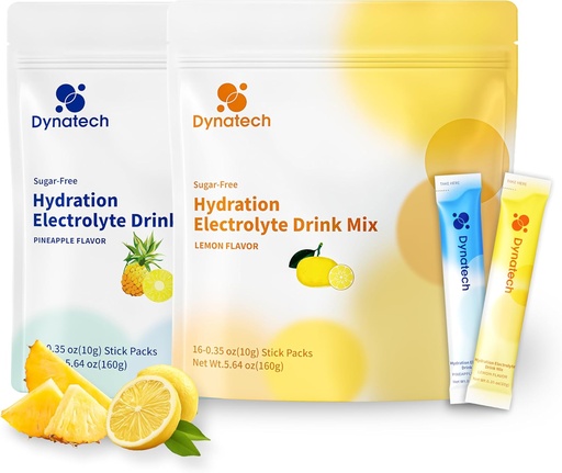 [BRSRAGDRBEHAO2DP] Dynatech Zero Sugar Electrolyte Drink Mix - Lemon，Pineapple - Hydration Powder Packets with 10 Electrolytes & Vitamins | Non-GMO, Gluten Free, Vegan Electrolytes Powder Packets | 32 Servings