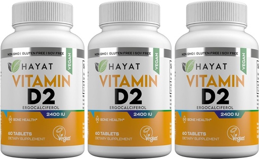 [BRSWGBAOCJ4GK33O] HAYAT Vitaminas Vegan Vitamina Natural D 2400 UI, D2, Certified Halal (Pack of 3)