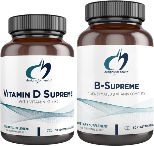 [BRSWYZY6AV6AAAL7] Diseños para la salud Vitamina D Supreme + B-Supreme Essentials Duo - 5000 IU Vitamina D3 + Vitamina K, Complejo Activo B (2 Juego de Producto)