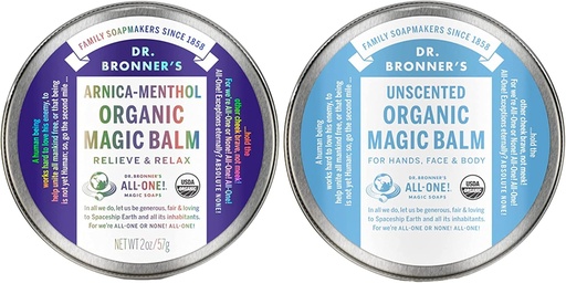 [BRSW22YLC4MW2GQZ] Dr. Bronner's - Organic Magic Balm (2 oz Variety Pack) Arnica-Menthol & Baby Unscented - Made with Organic Beeswax & Hemp Oil, Moisturizes and Soothes Hands, Face & Body | 2 Count