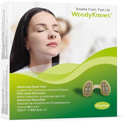 [BRSROBQEAACB43L2] WoodyKnows 3 Allerscreen Nasal Filters with 12 Pairs of Replacement Filters, Model 2024, Seasonal and dust Allergies aid (Large, 3 Filters+12 Replacements)