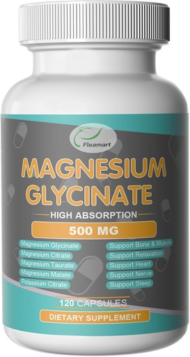[BRSROCQNCQOQ4E3A] Magnesium Glycinate 500mg Capsules for Sleep, Heart, Nerve and Bone, Muscle Magnesium Supplement Complex Support Relaxation - 120 Capsules(60 Day Supply)