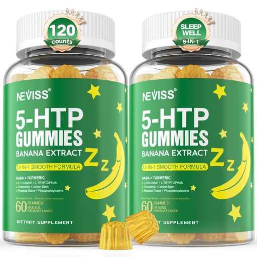 [BRSRMEL2DINBMHLF] 5-HTP 400MG Gummies + GABA - Melatonin Free - Relaxation Gummies with Banana Extract, L-Theanine, Turmeric, L-Tryptophan, D3 for Healthy Rest Cycle, Circadian Rhythm, Brain & Muscle Relax, Pack of 2