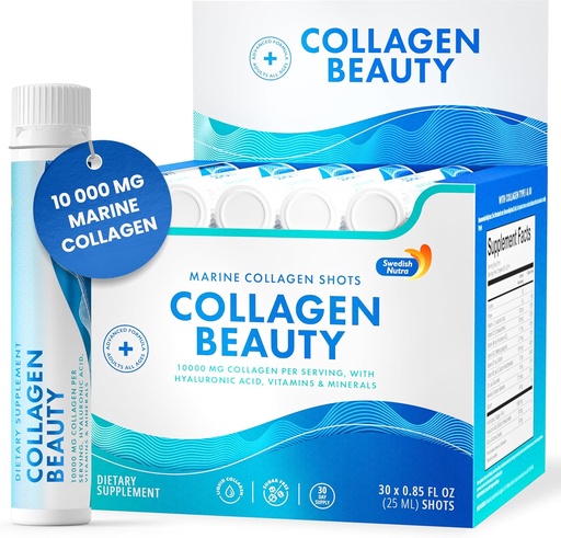 [BRSRAYAZBB4A4FA3] Swedish Nutra - Collagen Beauty | 10,000 mg Hydrolyzed Marine Collagen Liquid Supplement - 30 x 25 ml Daily Shots | Hyaluronic Acid and Vitamin C to Support Healthy Hair, Skin, Nails | Sugar-Free