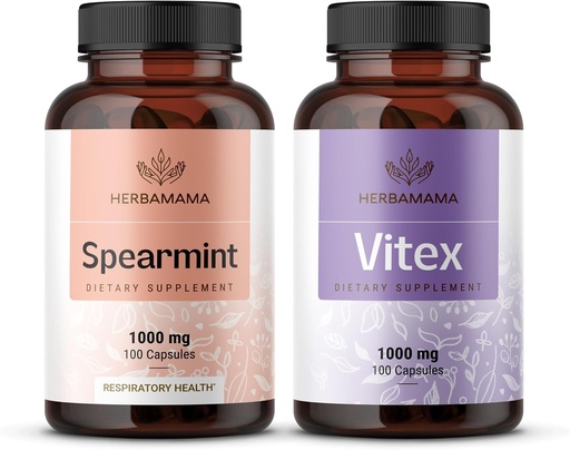 [BRSRAGAYBN7BQ3I7] HERBAMAMA Spearmint e Kit Vitex - Pacote de 1000 mg Spearmint Leaf & Vitex Chasteberry Cápsulas - Vegan, Não-GMO, Gelatin-Free - 2 Pack