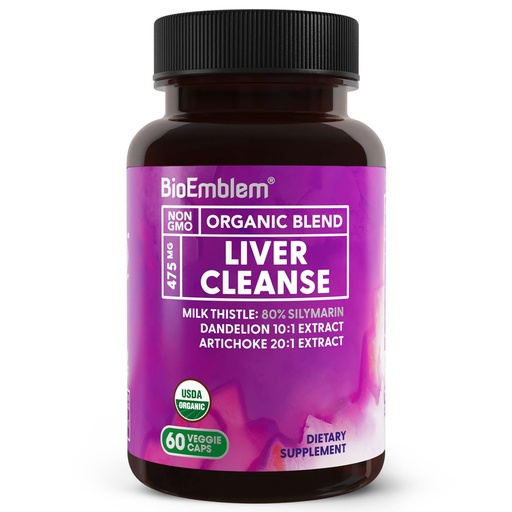 [BRSRAZTQBMBAMEL3] BioEmblem USDA Organic Liver Cleanse - 80% Silymarin Milk Thistle Extract for Liver Health and Liver Function with Dandelion & Artichoke Extracts - 100% Vegan, Non-GMO - Herbal Liver - 60 Capsules