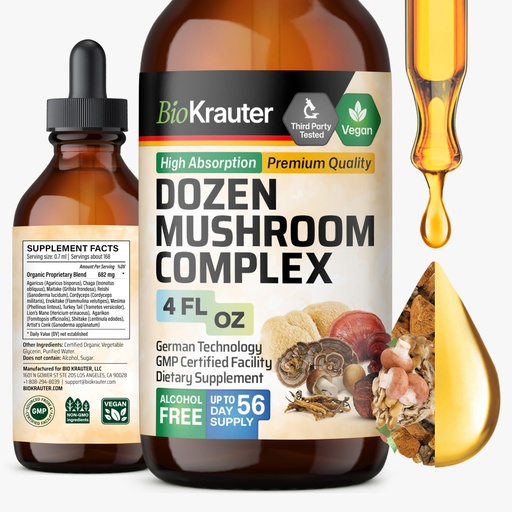 [BRSWGAQ5BUPWE2DJ] BIO KRAUTER® 12-in-1 Mushroom Supplement with Lion’s Mane, Turkey Tail, Cordyceps, Chaga, Maitake, Reishi and More for Immune Support & Overall Health - 4 Fl.Oz., 56-Day Supply, Alcohol & Sugar Free
