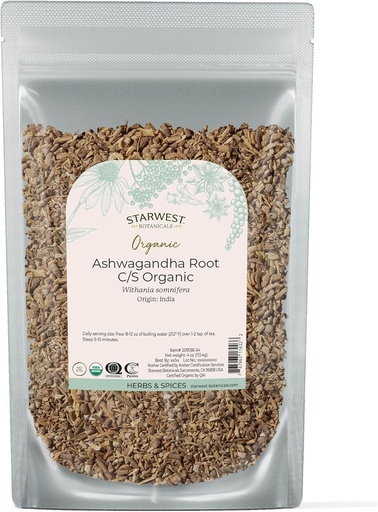 [BRSWIFQ4CEARQFL4] Starwest Botanicals Organic Ashwagandha Root for Women & Men - Dried Herb for Tea, Capsules, & Natural Herbal Blends, Cut & Sifted, Certified Kosher, Non-GMO - 4 oz Pouch
