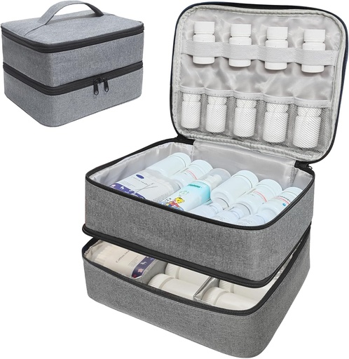 [BRSROAALPMMAIEL4] Rejse Medicin Organizer og opbevaring taske - Dobbelt Layer Pill Flaske Organizer taske til akut medicin, kosttilskud eller medicinske Kits, lynlås Lockable Tom Medicine Bag til hjemmet (Grey, M)