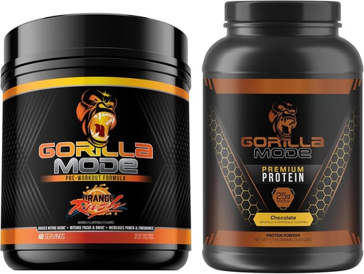 [BRSRAYA3C54BYE3X] Gorilla Mind Pre Workout (Orange Rush) + Premium Whey Protein (Chocolate) - Comprehensive Stack for Fueling Maximum Results
