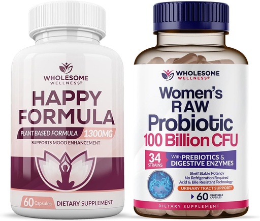 [BRSRAYA3OICRU2TV] Wholesome Wellness Happy Formula Natural Formula Relief Supplement + Dr. Formulated Raw Probiotics for Women 100 Billion CFUs Bundle