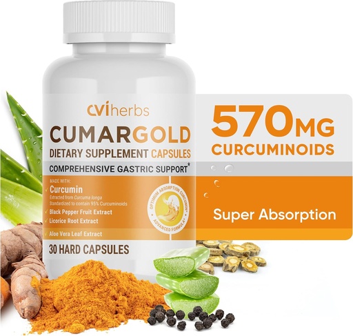 [BRSROGAOCIJR6EL2] Cumargold 570mg Curcuminoids Turmeric Curcumin Supplement with Piperine, Licorice Root & Aloe Vera - High Potency Natural Wellness Capsules (30 Count)
