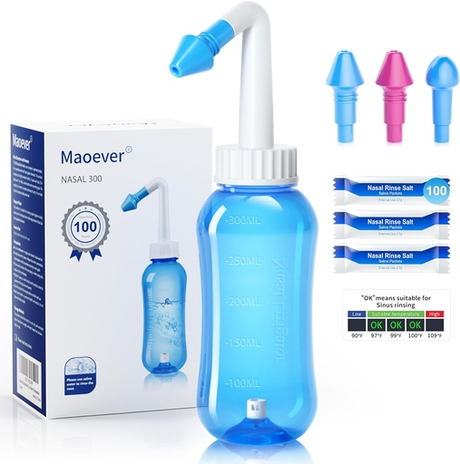 [BRSRMBINCMPAEAA6] MAOEVER Neti Pot Sinus Rinse Bottle with 100 Nasal Wash Salt Packets Nose Wash Cleaner Pressure Rinse Nasal Irrigation for Adult & Kid BPA Free 300 ML with Sticker Thermometer(Blue)