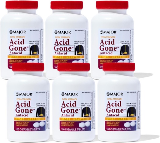 [BRSWIGY6AEPBWDY7] Major Acid Gone Extra Strength Antacid Chewable Tablets - Anti-Acid Reflux Medicine for Adults - Upset Stomach, Acid Indigestion, and Heartburn Relief - Long-Lasting - 100-Count (6 Pack)