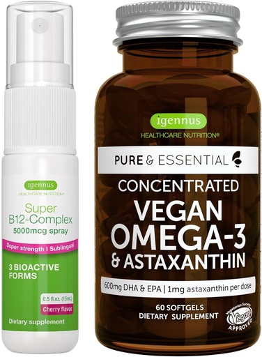 [BRSRAAQBDEHBE33L] Vegan Omega-3 Algae Oil + Super B12-Complex 5000mcg Vegan Bundle, High Concentration DHA & EPA + High Strength B12 Cherry Flavor Sublingual Spray, by Igennus