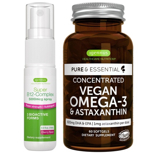 [BRSRAAQBDEHBE33L] Vegan Omega-3 Algae Oil + Super B12-Complex 5000mcg Vegan Bundle, High Concentration DHA & EPA + High Strength B12 Cherry Flavor Sublingual Spray, by Igennus