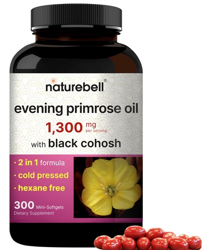 [BRSROZA6BV6GMCAU] NatureBell Evening Primrose Oil with Black Cohosh, 1,300mg Per Serving, 300 Mini-Softgels | Cold Pressed Seeds, Retains 130mg GLA for Womens Health & Skin Care Support – Hexane Free, Non-GMO
