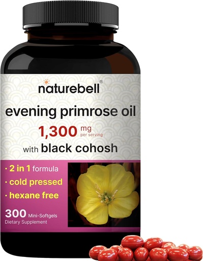 [BRSROZA6BV6GMCAU] NatureBell Evening Primrose Oil with Black Cohosh, 1300mg Per Serving, 300 Mini-Softgels ... Kylmäpuristetut siemenet, säilyttää 130 mg GLA naisten terveyden ja ihonhoidon tukea ...
