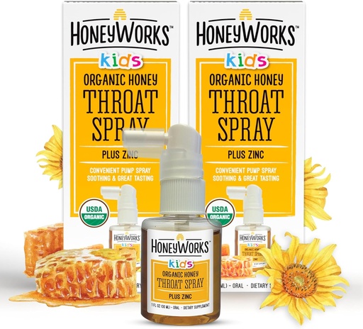 [BRSROCQBOEHB4CIU] HoneyWorks Kids Throat Spray für Sore Throat Relief, 1 Oz (Pack mit 2) Beruhigendes Non-GMO USDA Organic Dark Honey + Zink, Fast-Acting Relief, 12 Monate +