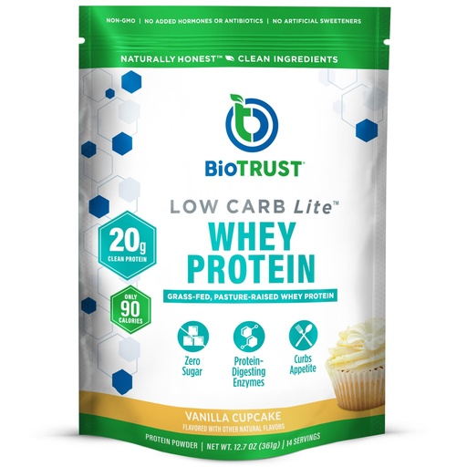 [BRSWYGLQAEJRUEQ6] BioTrust Low Carb Lite, 20 Grams of Grass-Fed Whey Protein Isolate, 100 Calories, ProHydrolase Digestive Enzymes, Non-GMO, Free from Soy and Gluten, rBGH-Free (14 Servings) (Vanilla Cupcake)