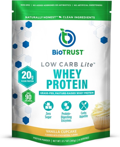 [BRSWYGLQAEJRUEQ6] BioTrust Lower Carb Lite, 20 Grams of Grass-Fed Whey Protein Isolate, 100 Calories, ProHydrolase Digetical Enzymes, Non- GMO, Bebas dari Soy and Gluten, RBGHT (14 Pelayan) (Vanilla Cupcake)