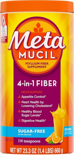 [BRSWIY32BJ4BYYDK] Metamucil 4-in- 1 Psyllium Fiber Sugar- Free, 114 sendok teh, Oranye Flavored, Pawder serat harian untuk Kesehatan Digetical, dibuat dengan Psyllium Husk Fiber