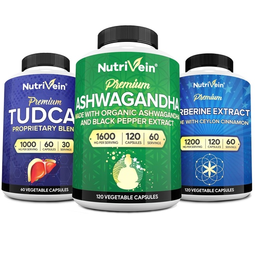 [BRSRABQBCQOQMGYZ] Nutrivein Premium TUDCA, Berberine Supplements, and Ashwagandha Supplements Bundle: High-Absorption Berberine Complex, Ashwagandha Root Extract, & TUDCA for Detox, Vitality & Well-Being