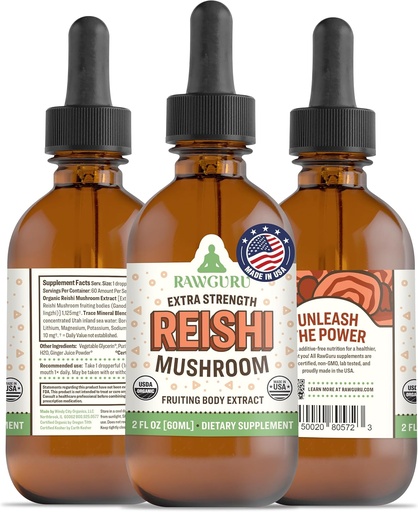 [BRSROGARBENGO3LA] RawGuru Organic Reishi Mushroom Tincture - Reishi Mushroom Extract with Natural Trace Minerals - Nano-Processed Cognitive & Immune Support Supplement - 60 Servings of Vegan Drops per 60 ml, Pack of 1