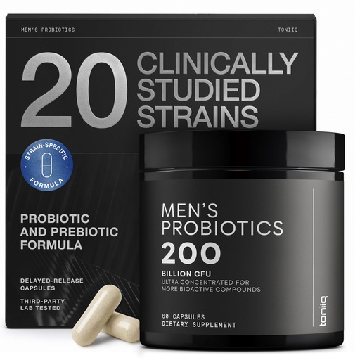 [BRSRAGLQAQMGYC3K] Toniiq Mens Probiotic with 20 Verified Strains – 200 Bilion CFU + 200mg FOS Prebiotic – Mens Probiotics for Gut Health - Cold-Chain & Delayed-Release – Lab-Tested Synbiotic Formula
